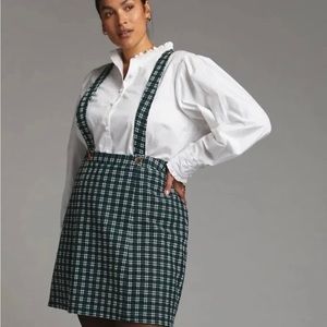 NEW Anthropologie Maeve green plaid academia pinafore mini dress skirt 14